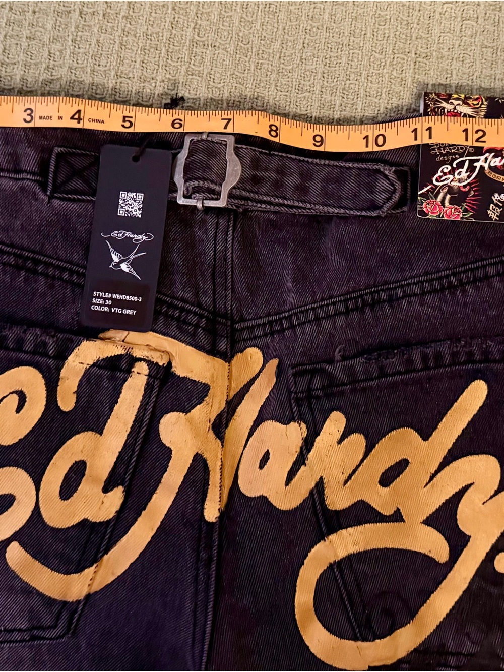 Ed Hardy Black Distressed denim with Tattoo-Print Death Before Dishonor NWT